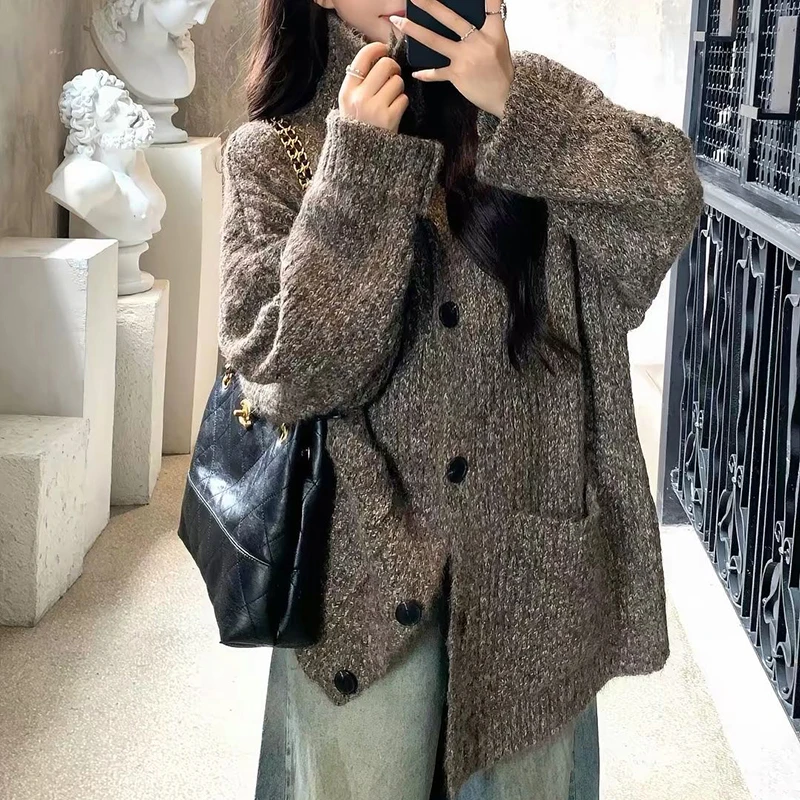 Vintage Loose Turtle Neck Cardigan Women Lazy Wind Single Breasted Knitted Sweater Fall Winter Retro Casual Pocket Outwear Tops