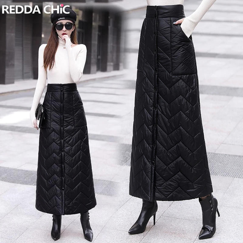 

REDDACHiC Plain Black Button Down Filled Maxi Long Skirt Women Winter Plus Size Elastic Waist Casual A-line Quilted Wrap Skirt