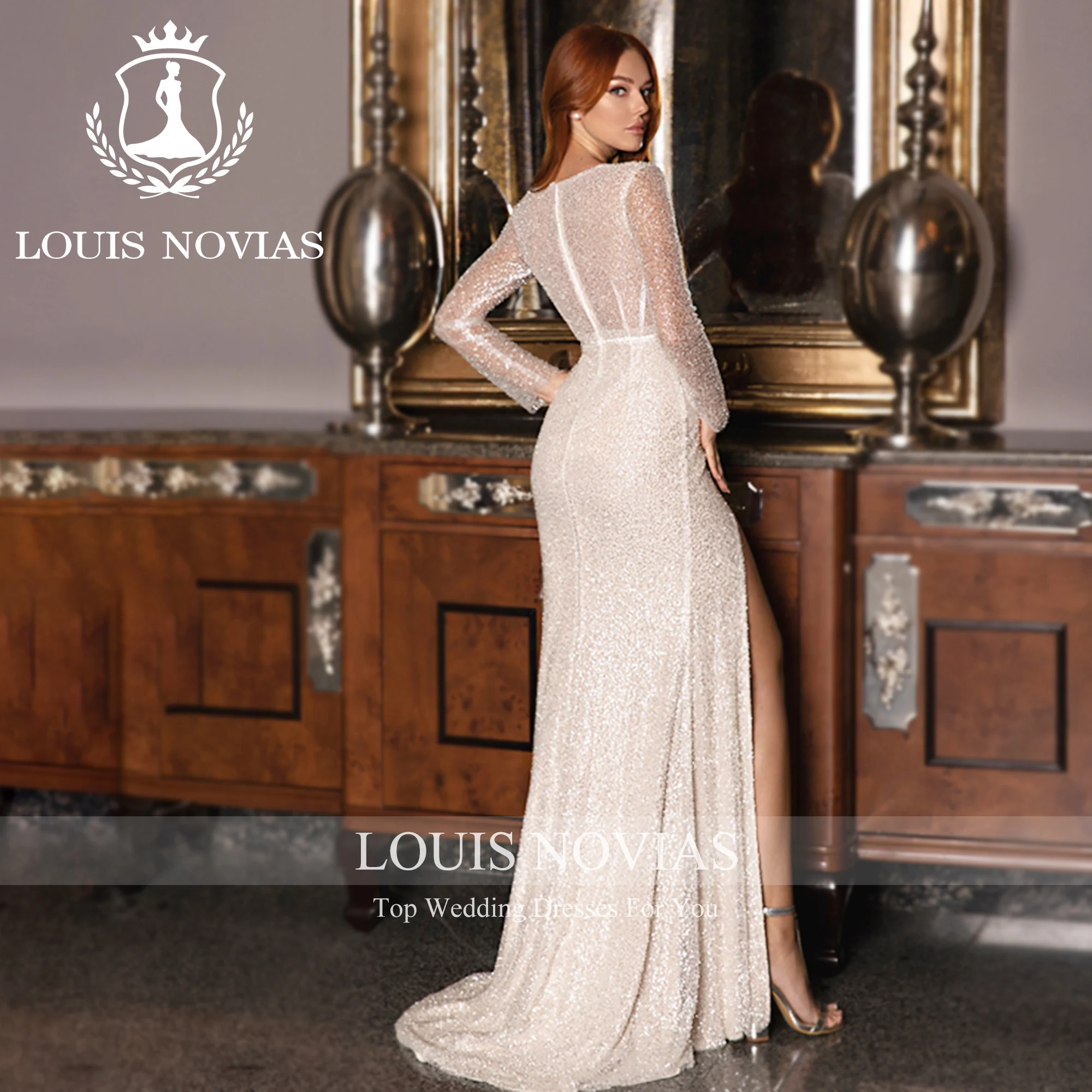 LOUIS NOVIAS Meerjungfrau Brautkleider Für Frauen Sexy Luxus V-ausschnitt Schatz Oberschenkel Split Stretch Brautkleid Vestidos De Novia