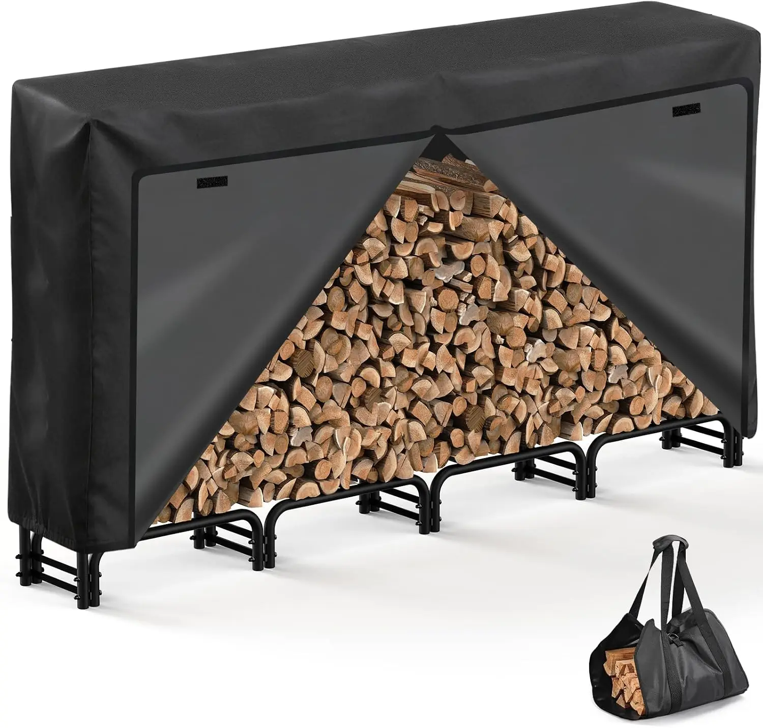 Firewood Rack Storage Organizer With Waterproof Cover, Outdoor Wood Stacking Holder Stand With Log Carrier Tote Bag For Patio Deck Backyard Fireplace, Heavy Duty Metal, Matte Black, 3 Pieces