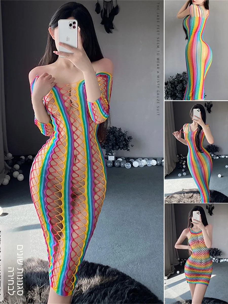 

Mesh Bodysuit Sexy Hollow out Design Butt Enhancing Striped Lines See through Transparent Pattern Couples Underwear