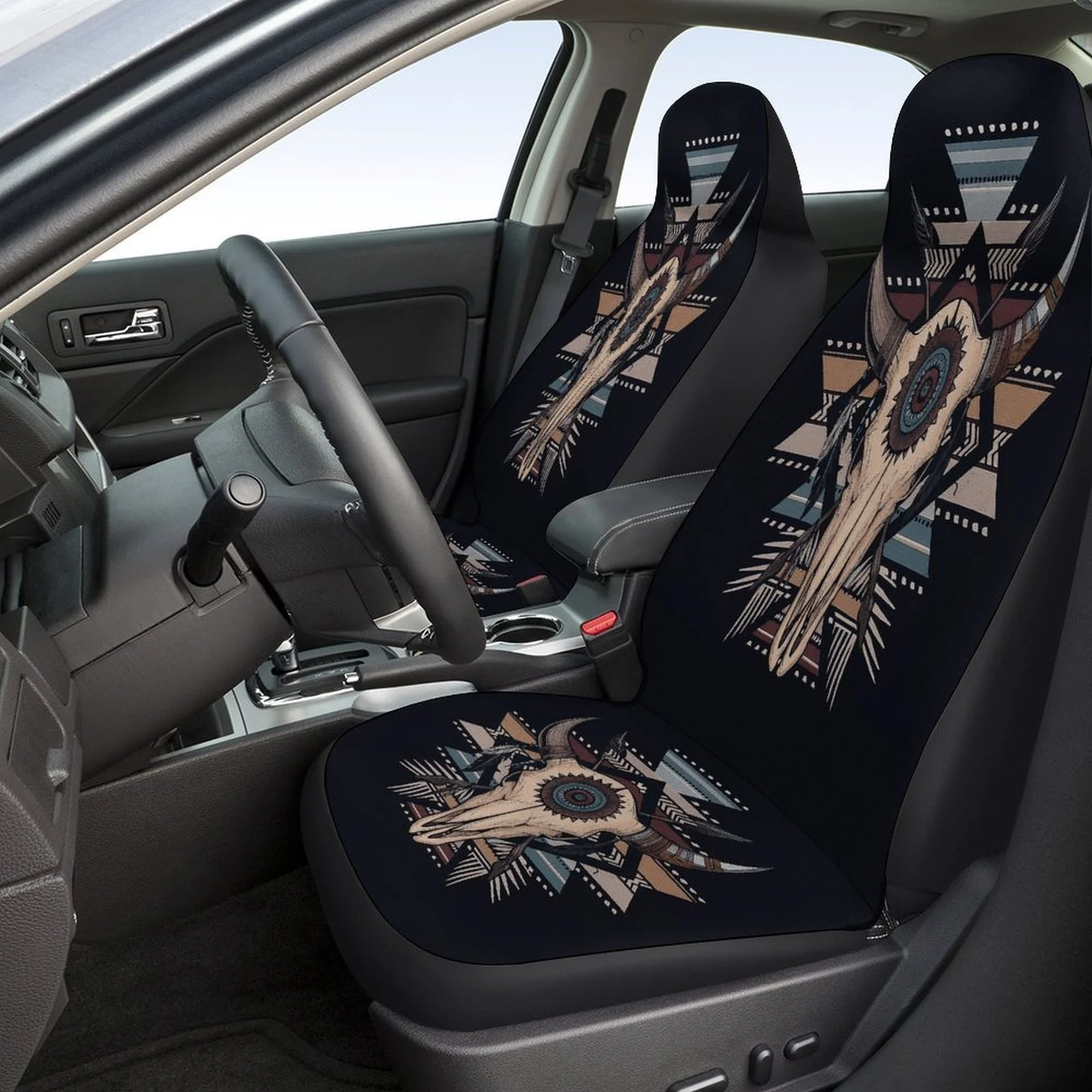 Bull Skull Tribal Design Designed Car Seat Cover Set For Most Cars, Trendy Novelty High-quality Car Seat Protector Covers Full S