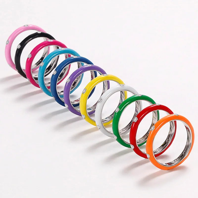 Huitan Minialist Women Enamel Rings Colorful Inlaid Shiny Cubic Zirconia Versatile Party Daily Simple Stackable Fashion Jewelry