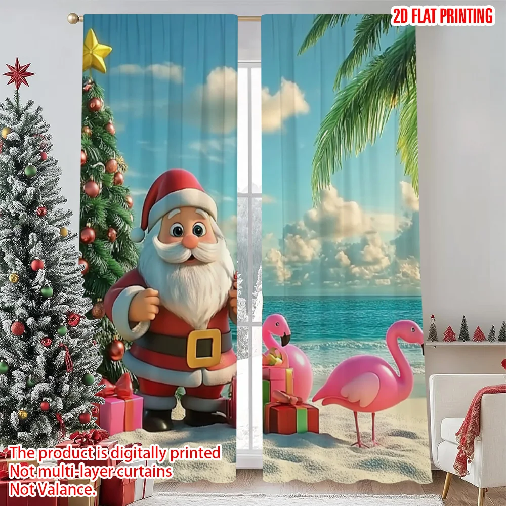 

2pcs 2D flat printing Merry Christmas Drapes Santa Claus Beach Christmas Versatile 100% Polyester Without Electricity Festive