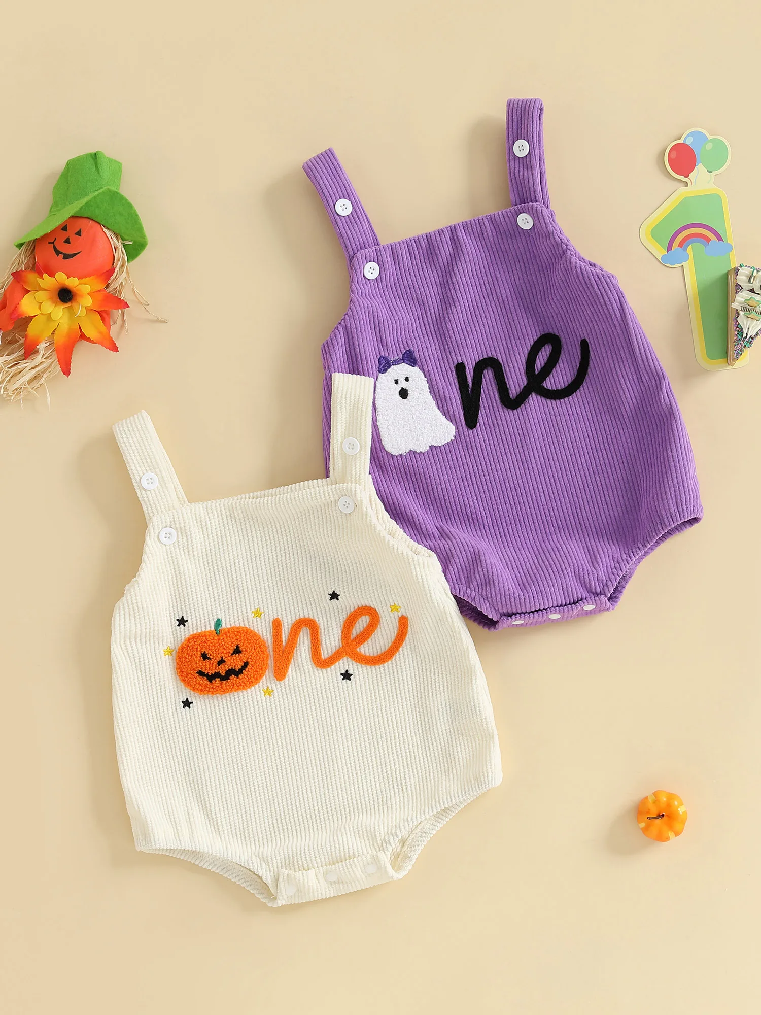 Barboteuse d'Halloween unisexe pour bébé avec broderie effrayante et design sans manches pour un look mignon et confortable