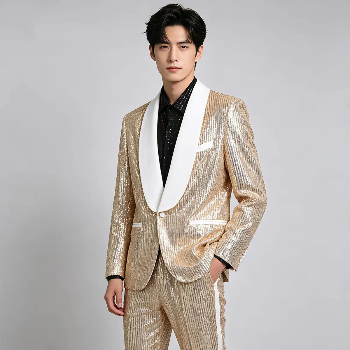 Men's Champagne Sequin Suit Glitter Blazer Pants 2 Piece Male Singer Concert Stage Performance Costume Wedding Photo Shoot Set