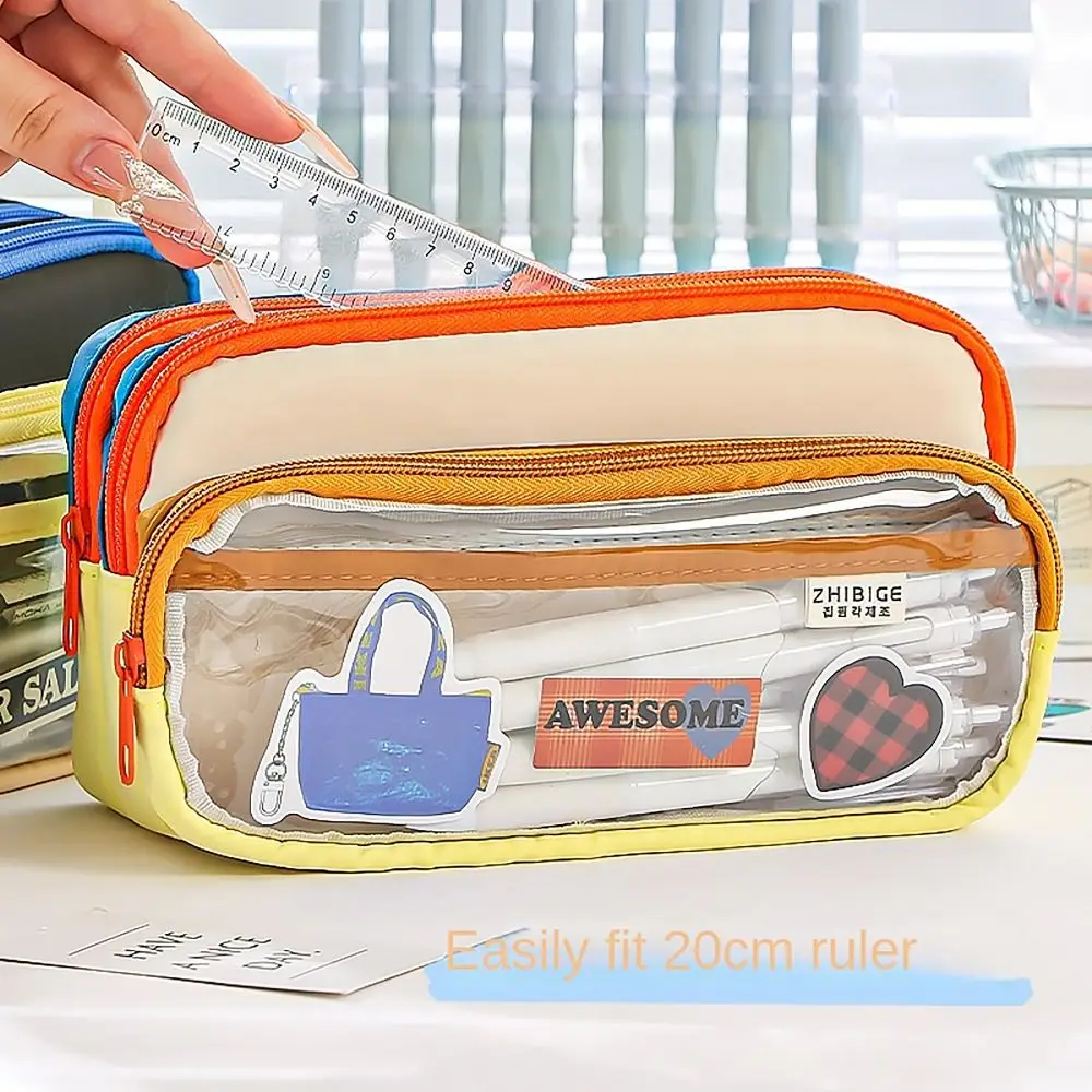 4 Layers Pencil Case Large Capacity Color Stitching DIY Badge Pen Bag Transparent Window Multi-functional