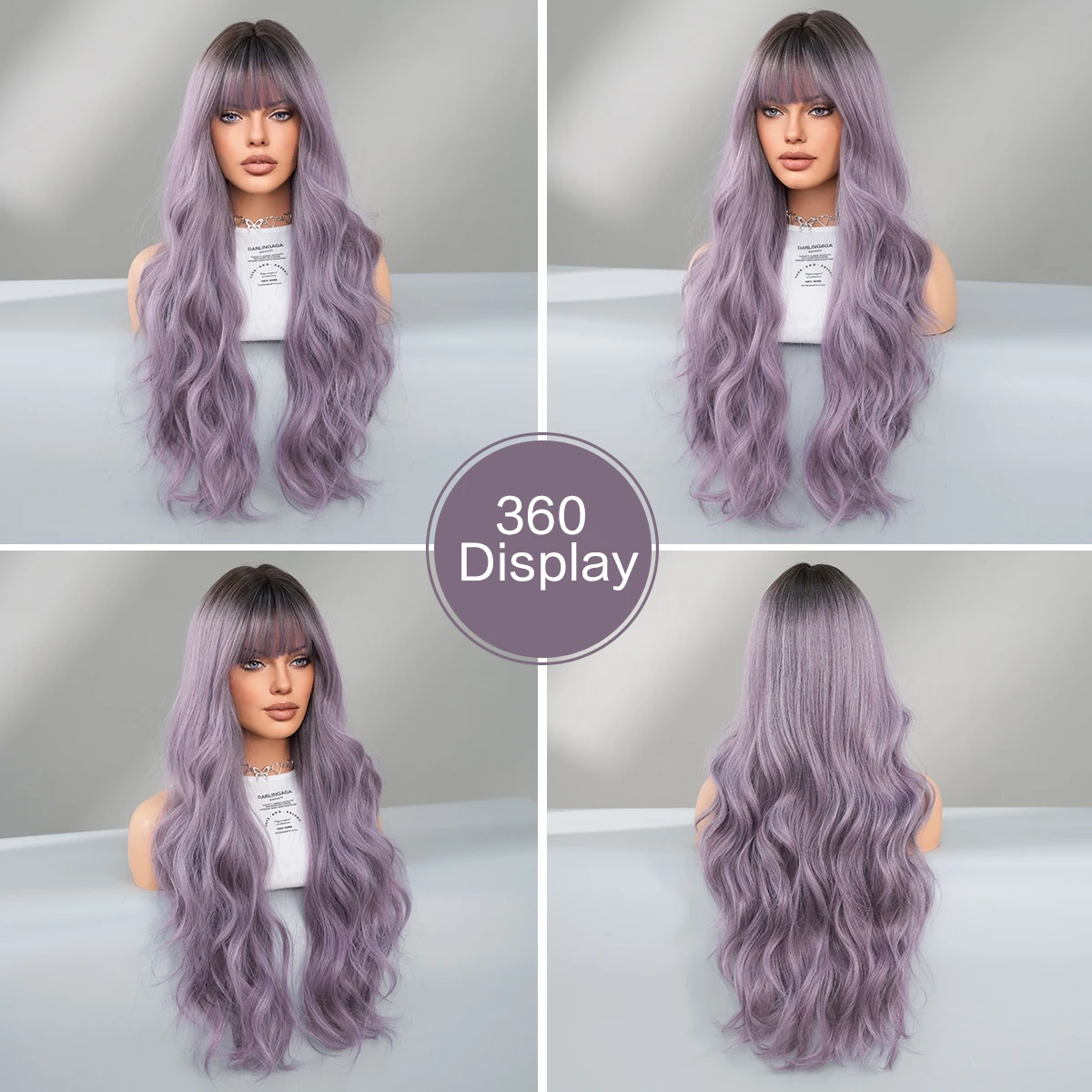 PARK YUN Synthetic Wig  Loose Water Wavy Purple Wig With Dark Roots High Density Long Wavy Hair Wigs With Neat Bangs