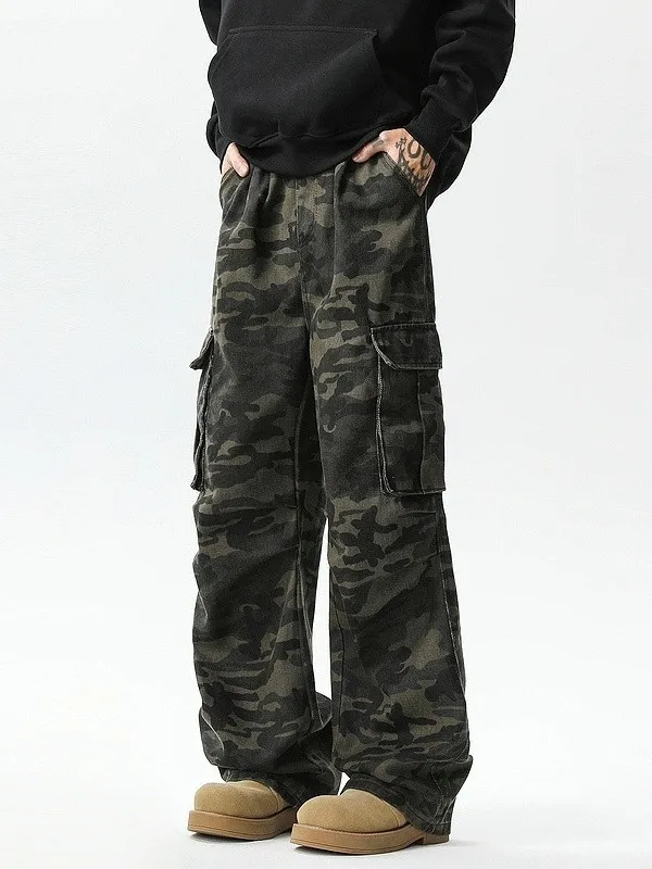 

Новые модные ретро-брюки-карго в стиле американского уличного стиля, камуфляжные, унисекс, широкие прямые повседневные брюки
