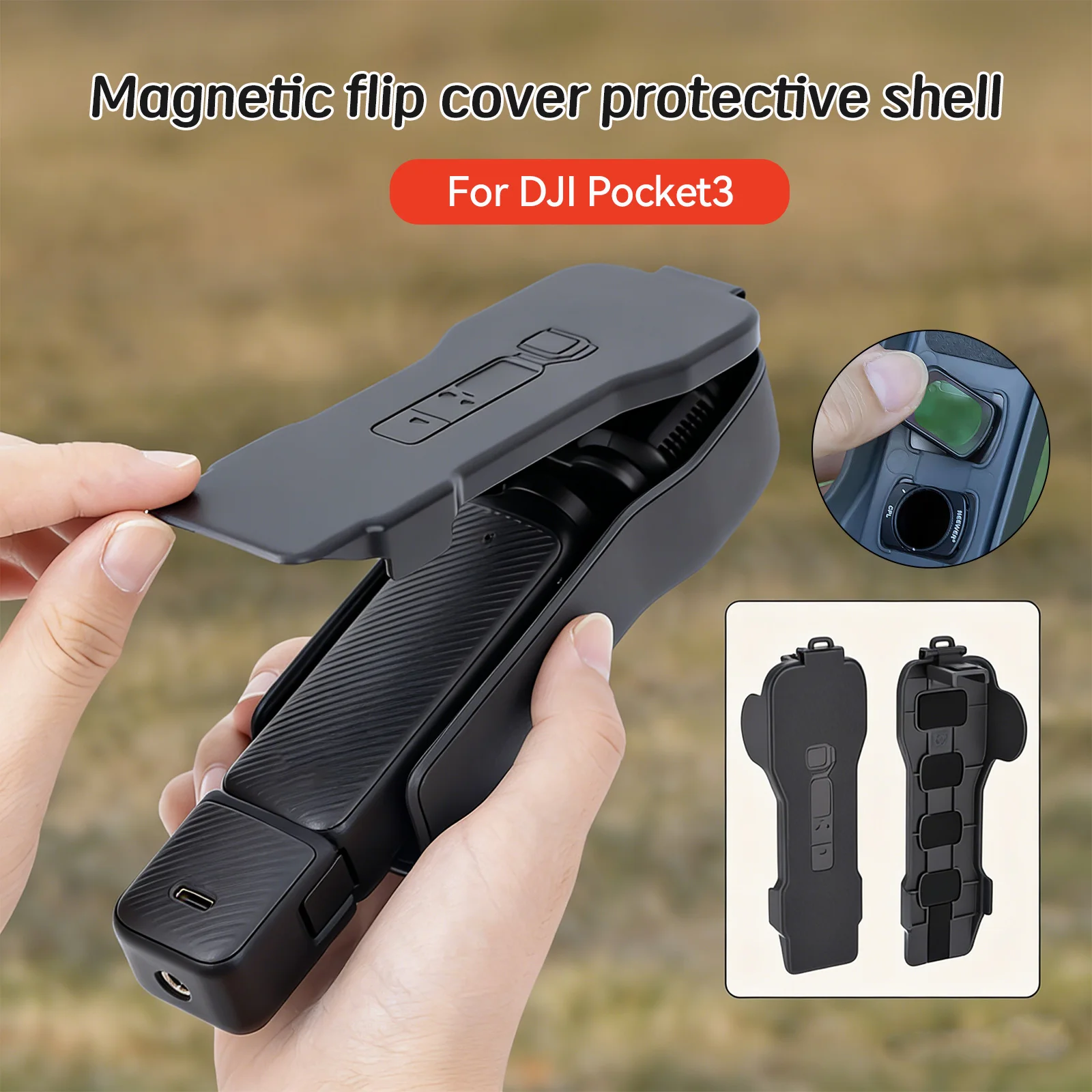 Magnetic Flip Case for DJI Osmo Pocket 3, Shockproof Cover with 5/3 Filter Slots & Elastic Band, Travel Box for Accessories