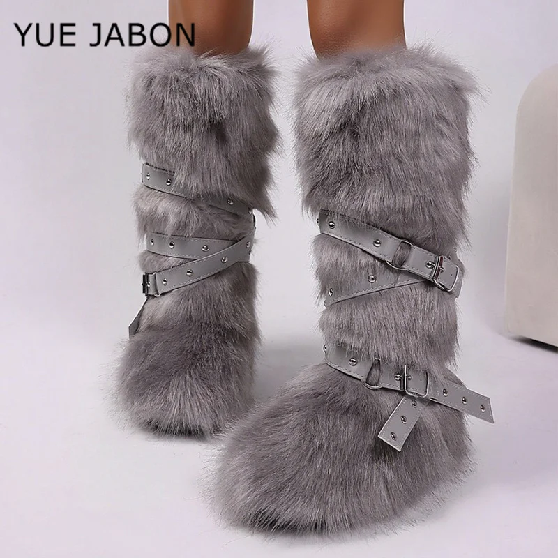 

Женские зимние ботинки из искусственного меха с пряжкой на ремень. Удобные теплые ботинки для зимы. Модная обувь на открытом воздухе. Новейшая уличная обувь Y2K.