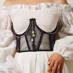 Women's Corset Belt Punk Pearl Metal Chain Goth Cummerbund High Waist Harajuku Vintage Mesh See Through Waist Shaper Corsets