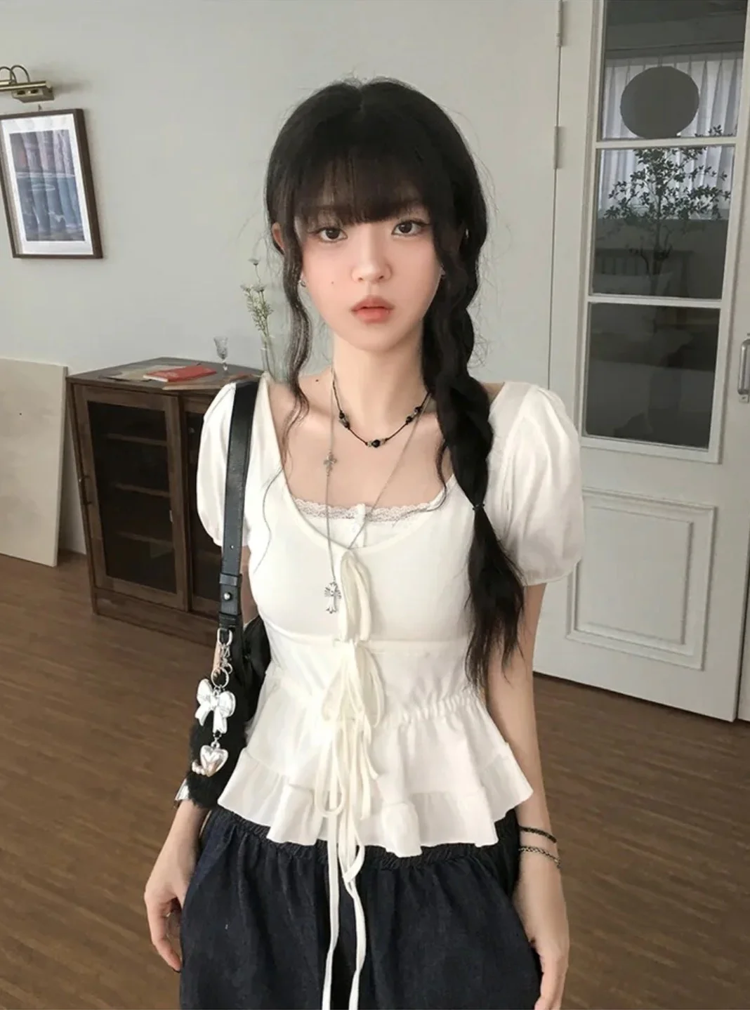 T-shirt d'été coréen pour femmes, ort Sve Bubble Sve, nœud en dentelle, coupe droite, couleur Pure, vêtements de trajet