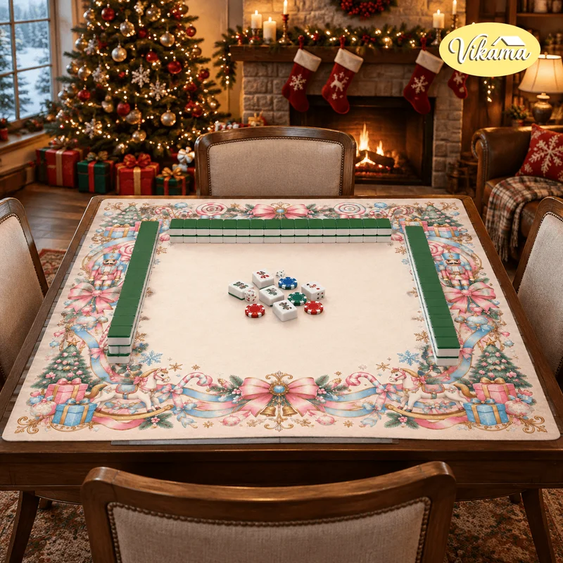 VIKAMA Christmas Candy Bow Mahjong Table Mat Non Slip Washable Game Mat for Living Room Family Game Night Holiday Gift