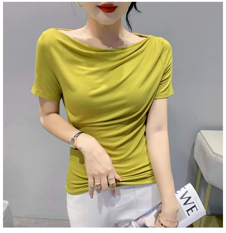 

Women Clothing Short Sleeve Women's T-shirt Solid Color Slash Collar Woman Tops Summer Cotton Tshirt For Gilrs Women Blouse