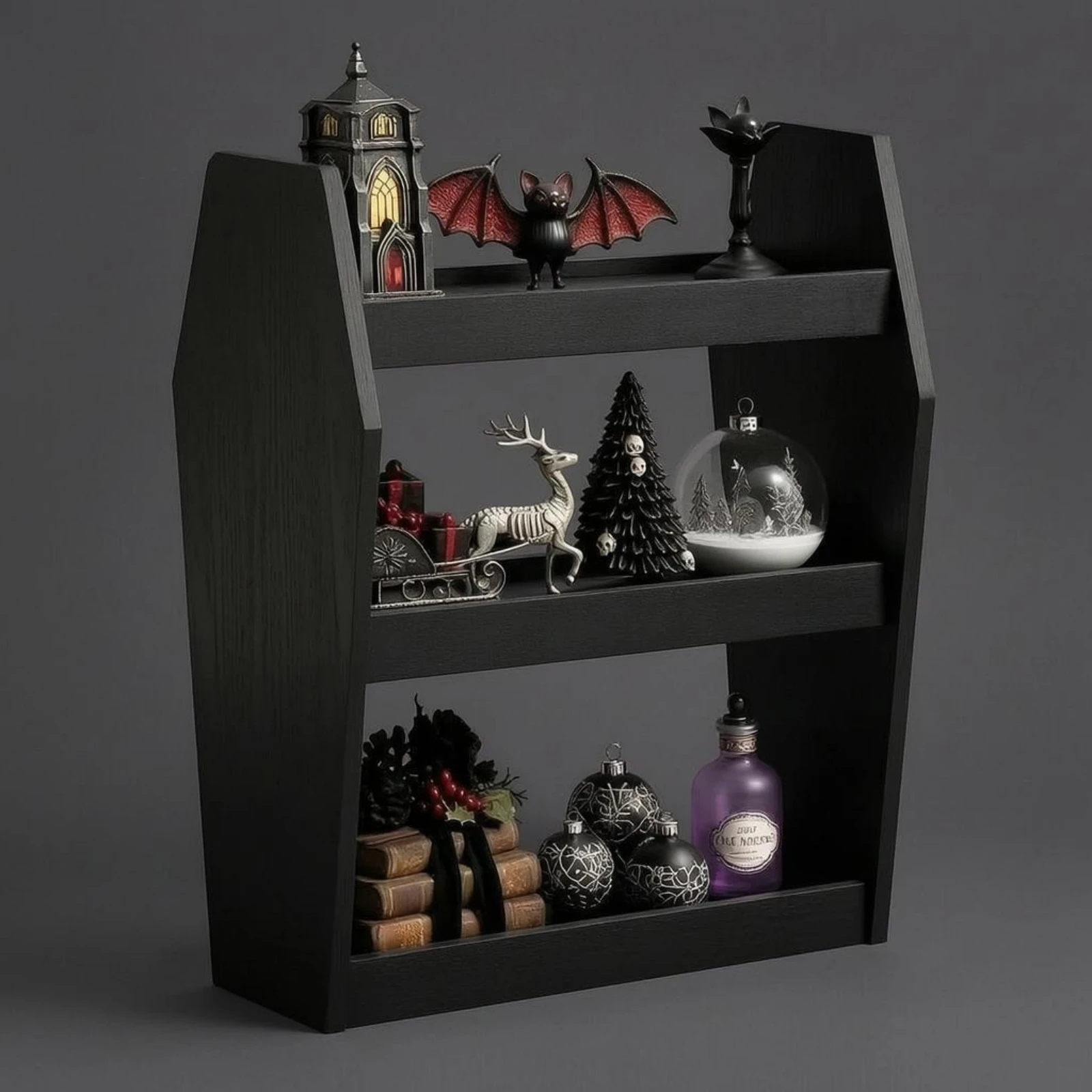 3-Tier Tabletop Rack Stepped Silhouette Gothic Shelf Rack Wooden Display Shelf Space-Saving Home Storage Sturdy