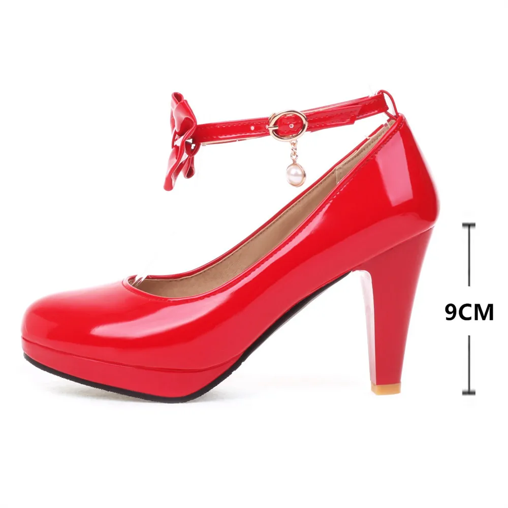 Women Patent Leather Pumps Sweet Shallow Shoes Bow Ankle Strap Mary Janes Shoe Female Dress Hight Heels Ladies Footwear 32 42