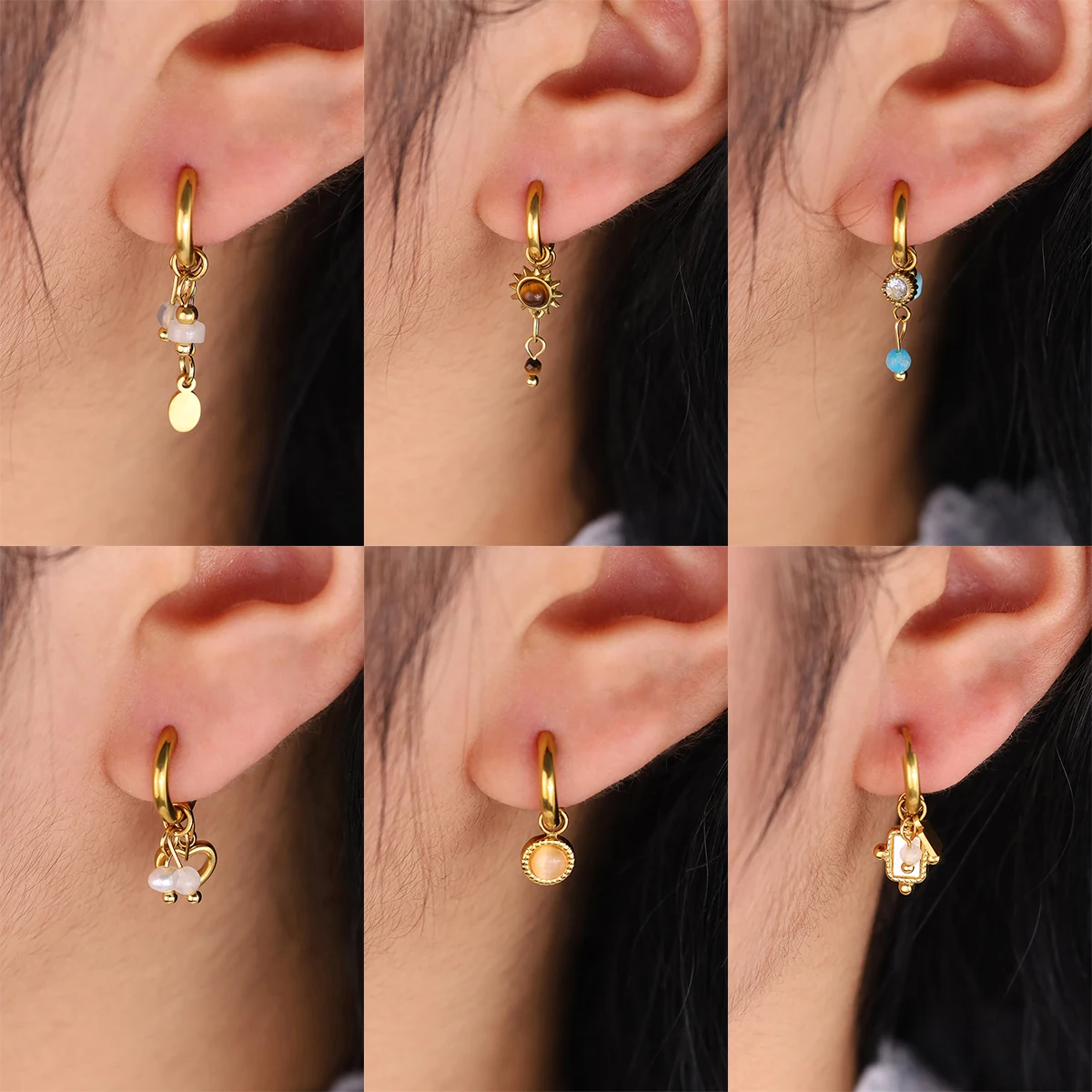 WILD & FREE NEW IN 18K Gold Plated Stainless Steel Huggie Hoop Earrings for Women Chic Vintage Natural Stone Charms Jewelry