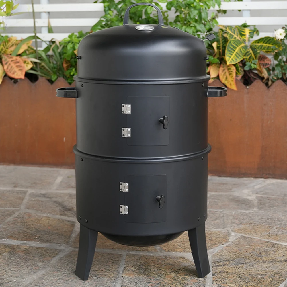 

Vertical Charcoal Smoker with Built-in Thermometer Air Vent Round BBQ Grill 2 Access Doors for Outdoor Cooking Camping