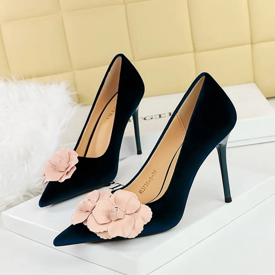 

New Style Banquet High-heeled With Thin Heels Suede Light Mouthed Pointed Color Blocked Flower Single Shoes For Women Pumps