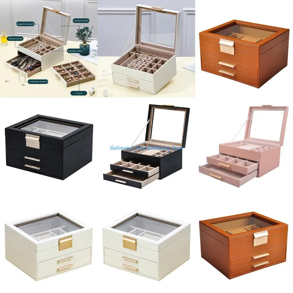 

573B PU Jewelry Box Three Drawers Transparent Top Soft Flannel Lining Storage Case