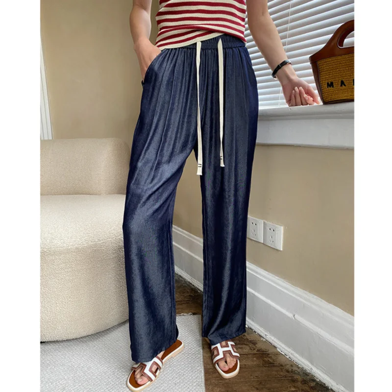 

Summer Drawstring High Waist Wide Leg Pants Women Elastic Waist Soft Thin Straight Casual Trousers