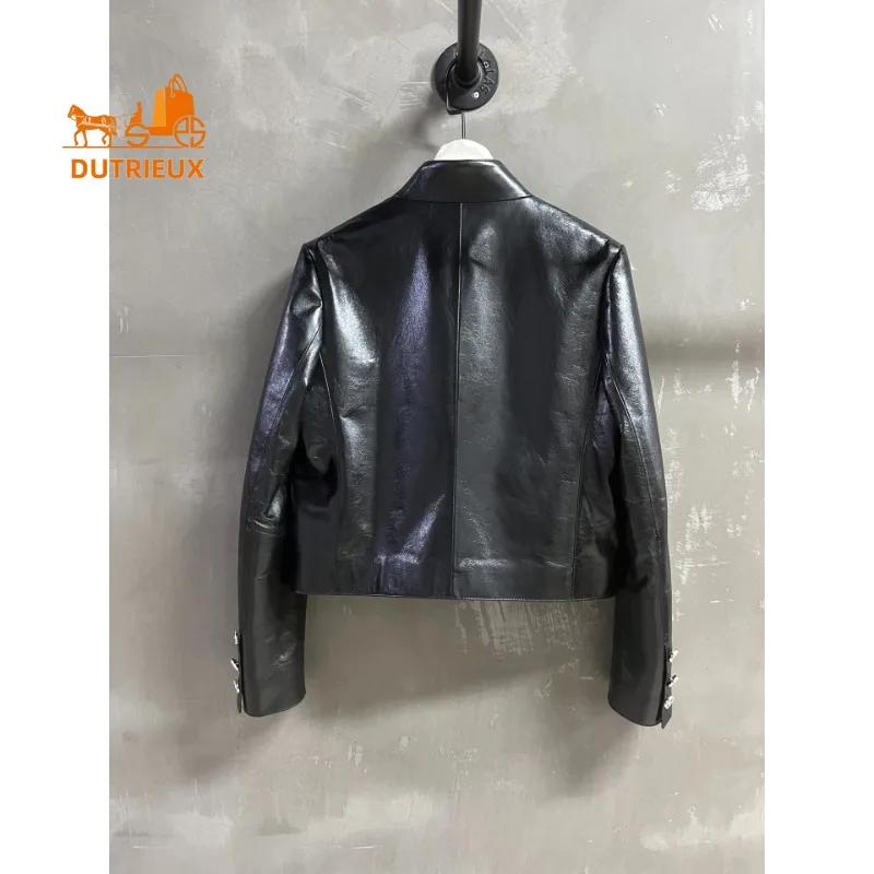2025 Winter Leather Jacket Short Stand Collar Pockets Solid Color, 100% Genuine Sheepskin Shiny Fashion Temperament Women's Coat
