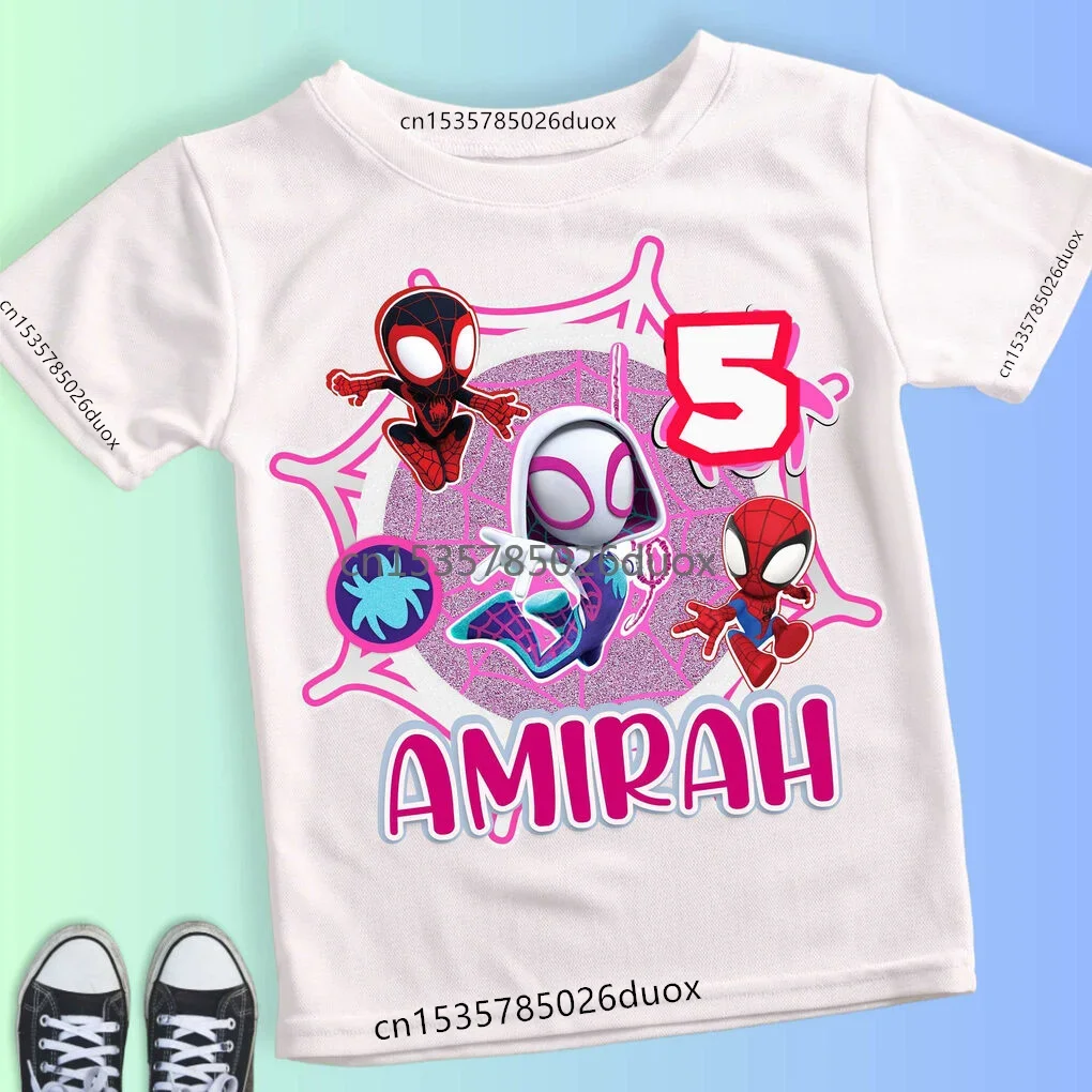 Children Summer 2 3 4 5 6 7 8 9 Marvel Spiderman Girl Birthday Short Sleeve Shirt Spiderman Birthday Girl Custom Name Kid Tshirt