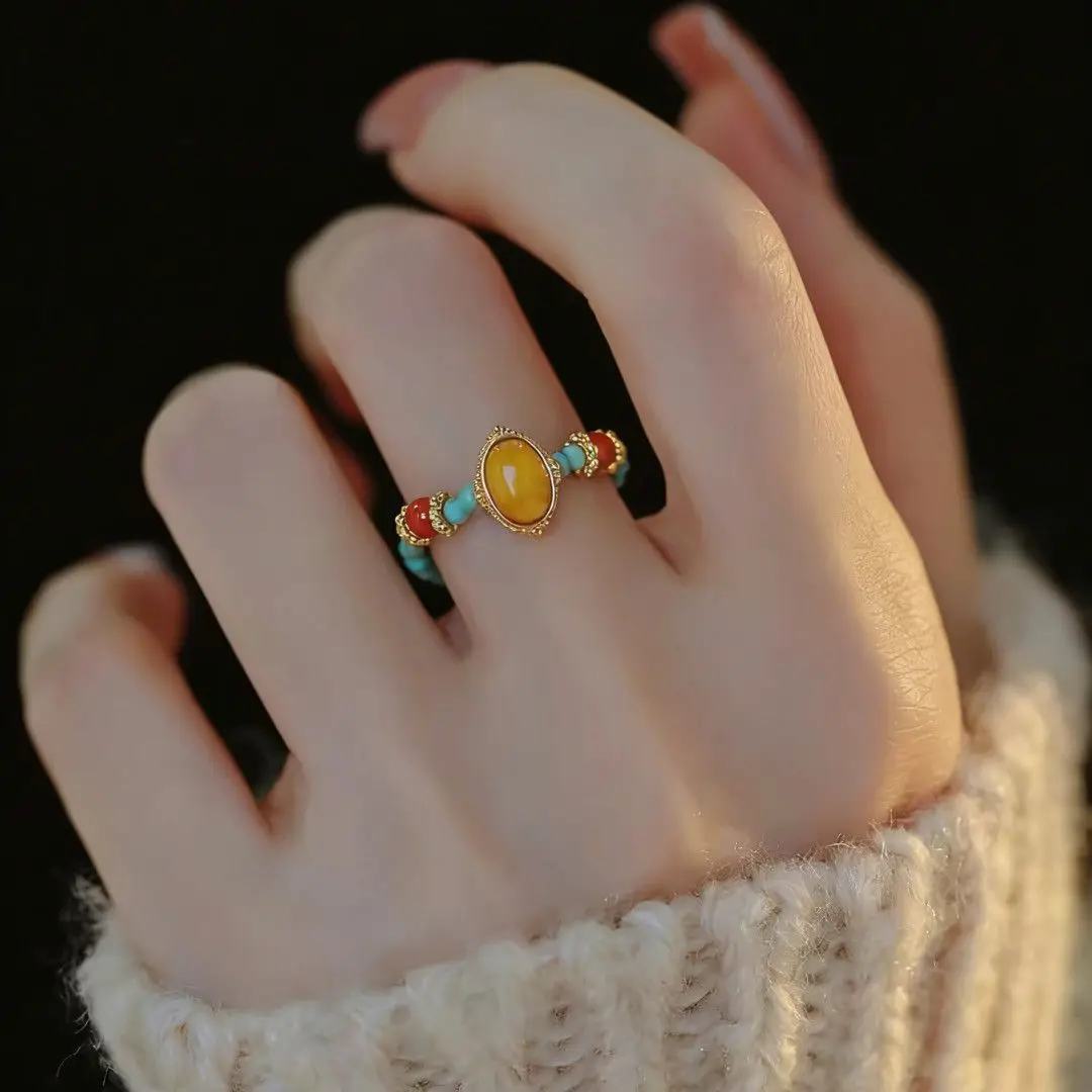 ​ Luxury Stretch Vintage Ring for Women - Multigem Bezel-Set with Amber, Turquoise & Southern Red Agate, Elegant Guofeng Gift