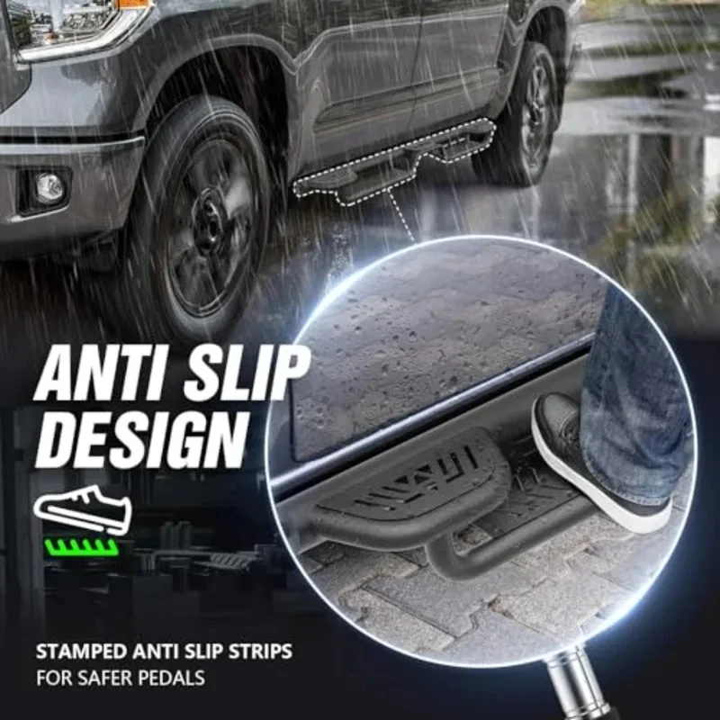 Black Powder Coated Steel Three Raised Steps Side Running Boards Fit Tundra Crew Max Cab 2007-2021