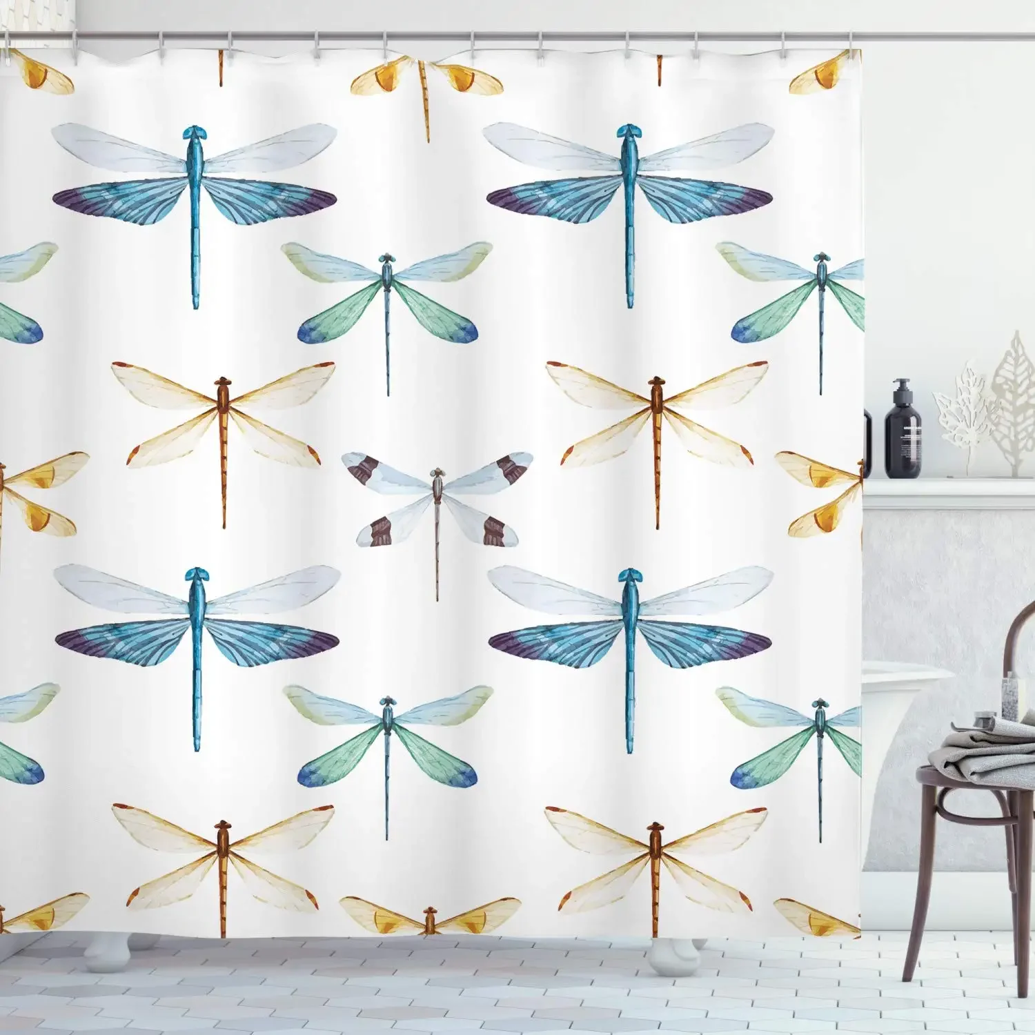 Boho Style Plants Dragonfly Illustration Shower Curtain Wildflowers Floral Printed Bathroom Decorative Bathtub Waterproof Screen