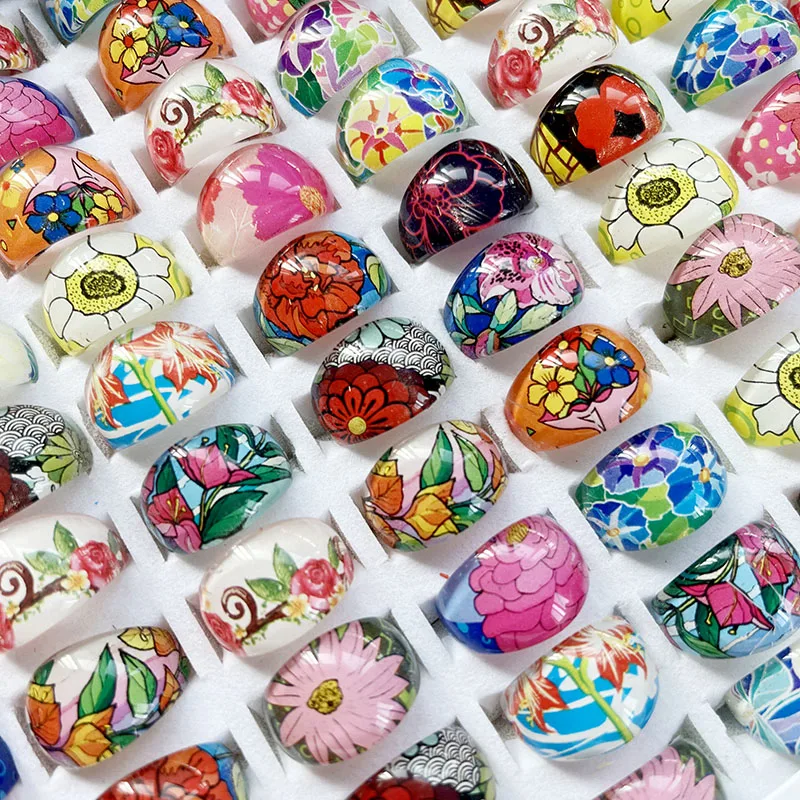 20/50 Pcs Reshin Flower Children Rings For Girl Boy Acrylic Lucite Party Rings Beach Hawaiian Style Mix Bulk Kids Jewelry Lots