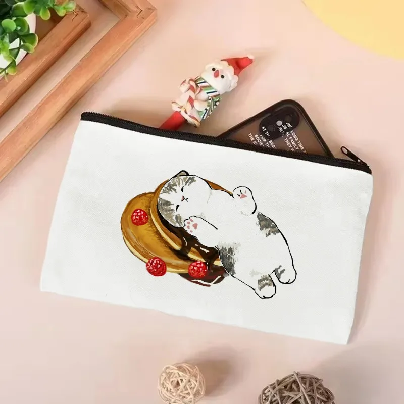 Bolso de lona inspirado en la creatividad de los gatos lindos y la comida, bolso ecológico para gatos pequeños, bolso de hombro informal para ir de compras, viajes de oficina