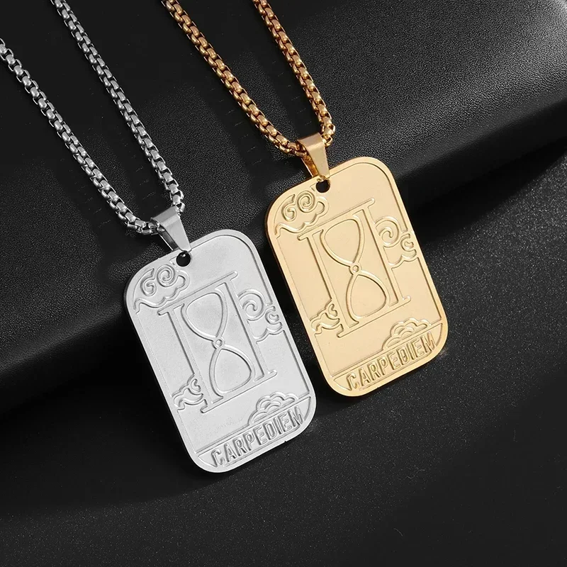 Stainless Steel Flat Engraved Time Hourglass Pendant Necklace Men Women Rock Hip Hop Party Accessories Jewelry