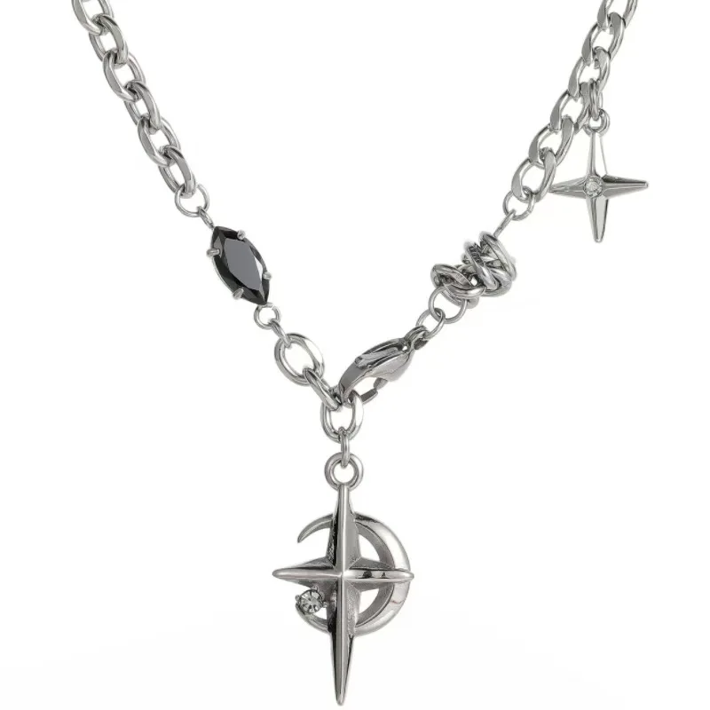 

Titanium Steel Star Cross Pendant Necklace for Women Men Punk Gothic Black Stone Chain Jewelry