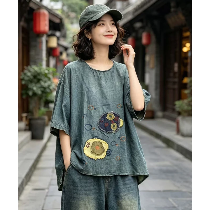 Masss Wasss 2026 Korean Summer T-shirts Womens Fashion Embroidery Cartoon Tops Ladies Classic Loose Vintage O Neck Denim Clothes