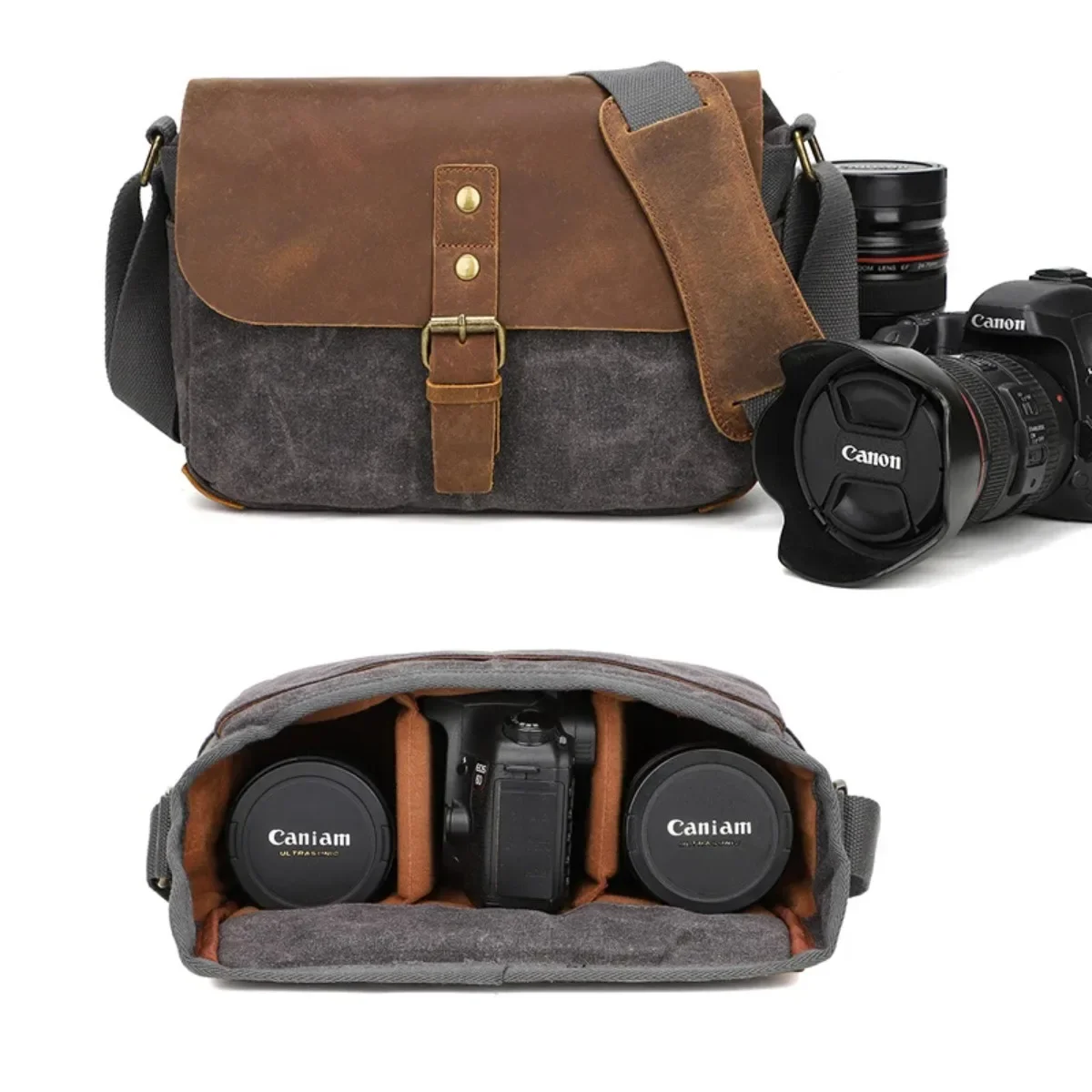 Waterproof Cowhide Canvas Photography Camera Travel Bag Small DSLR Insert Carry Case for Canon Nikon Sony Fuji Lens Accessories