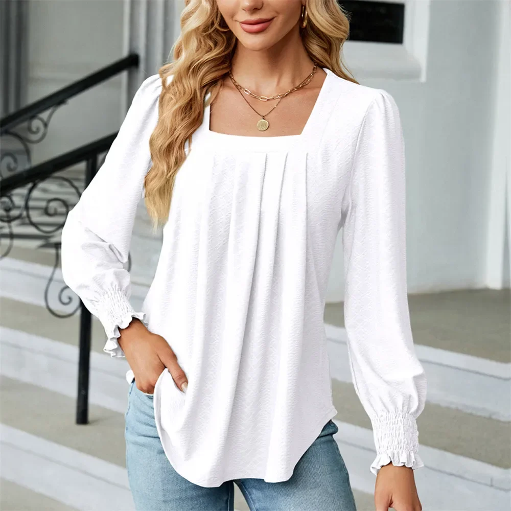 Women's Blouses and Shirts for Women Elegant Clothes Korean Long Sleeve Square Neck Trend 2024 Red Tops Spring Autumn Clothing