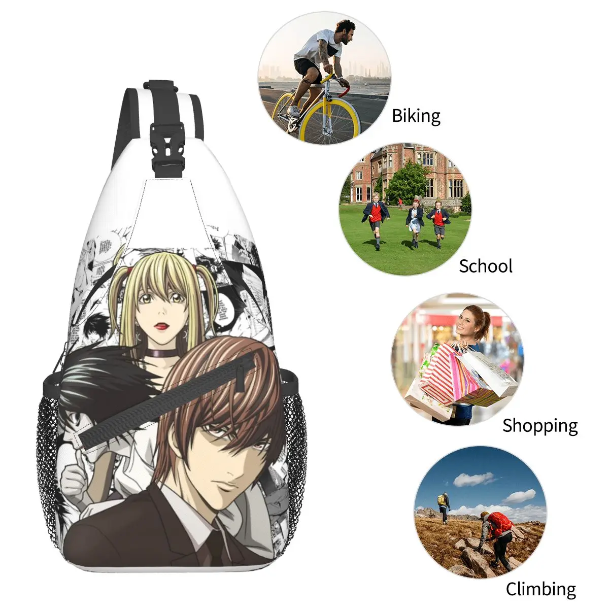 Death Note-Mochila pequeña con estampado de anime japonés, bandolera de pecho, bandolera de hombro, mochila de viaje para senderismo, Daypacks, manga