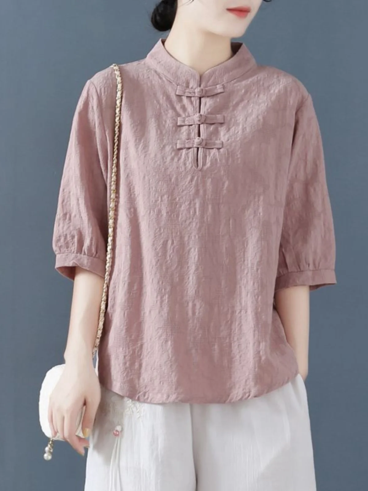 

Japanese Sle Women's Cotton Linen ort Sve irt T-irt Embroidered Button up Loose Fit Commute Sle Artistic Design