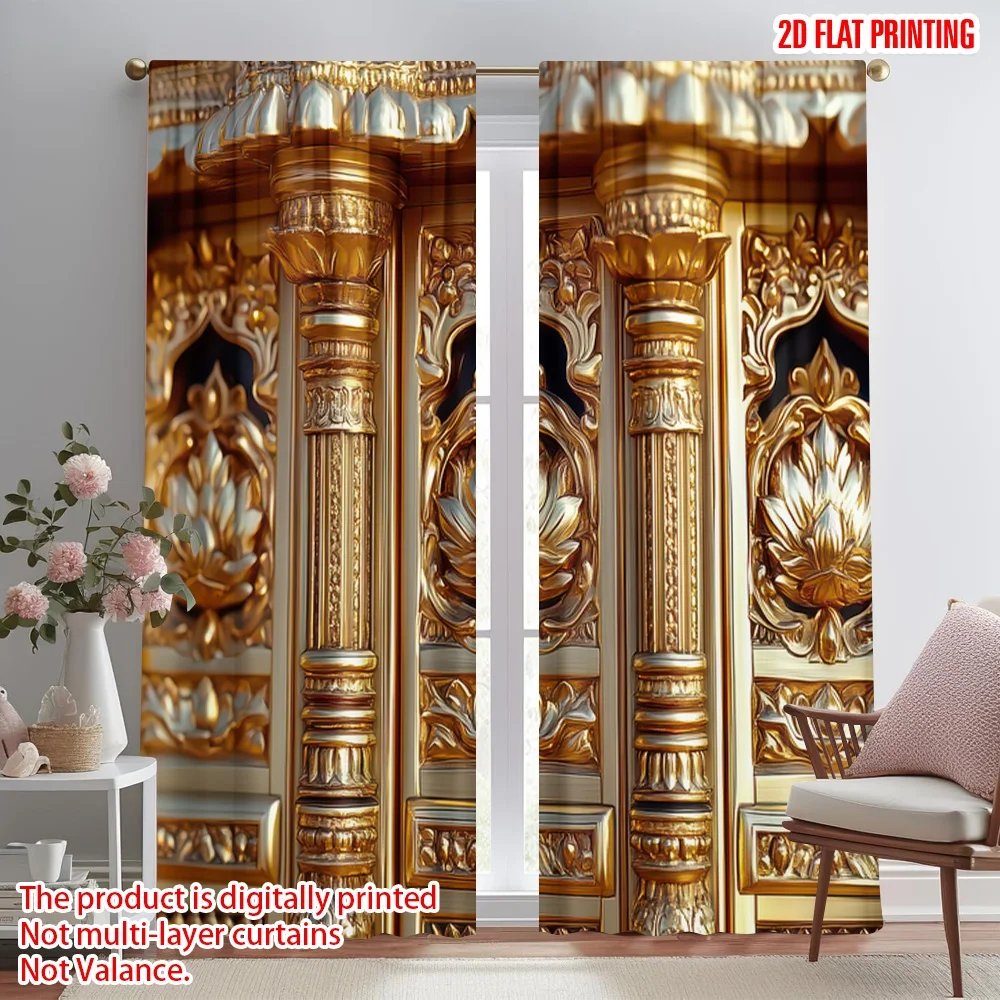 

2D flat printing 2pcs Window Curtains Golden Lotus Design Digital Printed Polyester Drapes Festive Holiday for Indoor