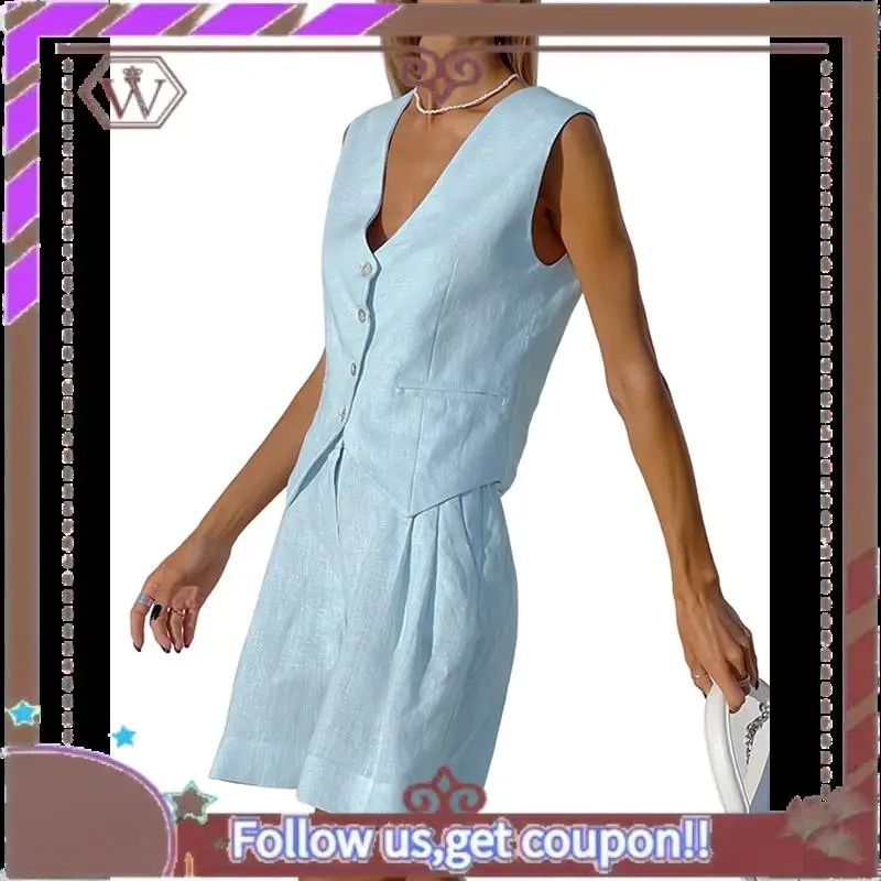 

A95D-Женские комплекты из двух предметов, лето 2022, костюм на пуговицах, жилет, топы, шорты с высокой талией, повседневная деловая одежда