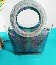 Transparent PVC Bucket Bag Women's Handbag Glitter Shiny Diamonds Handle Evening Bag Wedding Party Clutch Purse Crossbody Bag