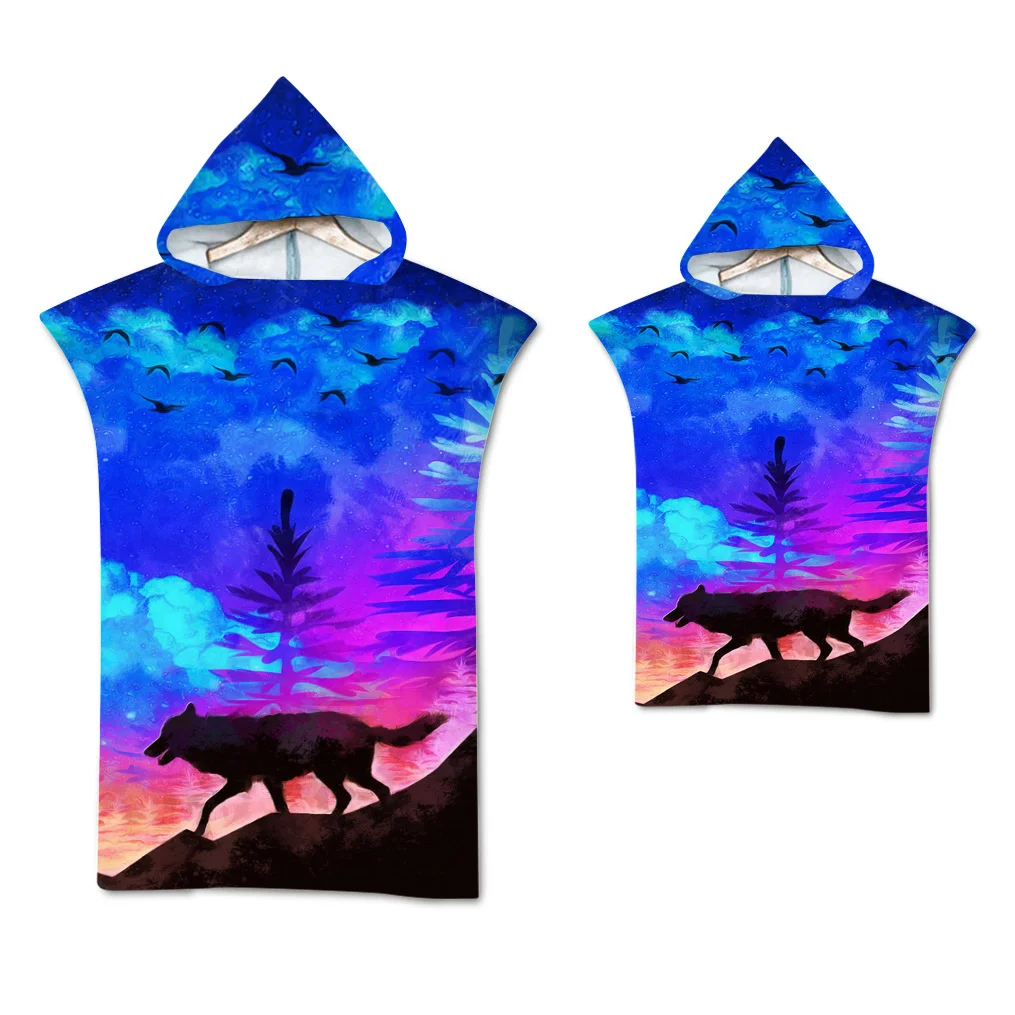 Wolf großes Strand tuch Badet uch schnell trocknende Handtücher Kapuzen mantel Neopren anzug erwachsenes Kind Eltern-Kind Poncho Bademantel zum Schwimmen Surfen – Detail 9