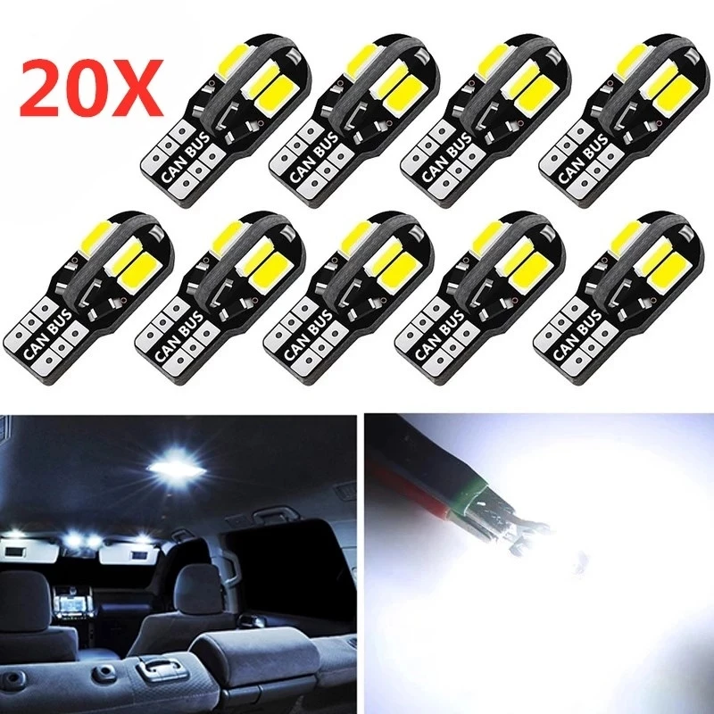 20 sztuk W5W T10 LED żarówki Canbus 5730 8SMD 12V 6000K 194 168 LED wnętrza samochodu mapa światła kopułowe światła parkingowe sygnał samochodowy