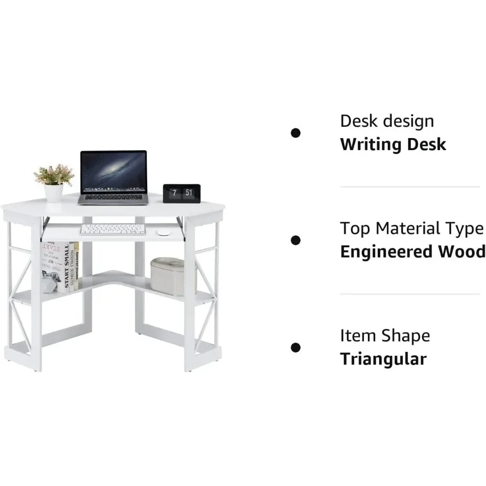 Corner Computer Desk with Smooth Keyboard & Storage Shelves for Home Office Workstation, White, Free Shipping