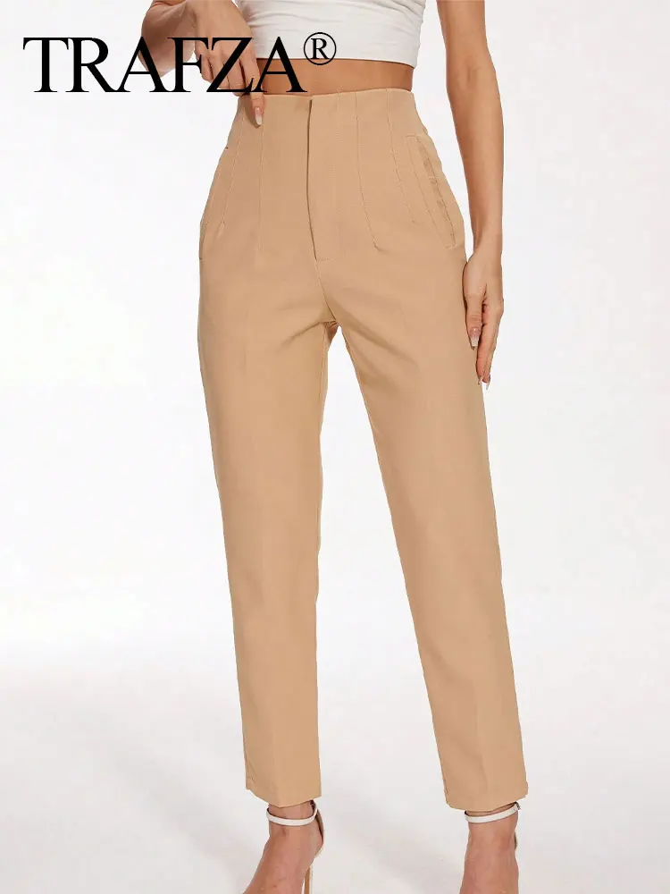 TRAFZA 2024 Woman Solid Trouser High Waist Slim Zipper Fly Long Pants Female Wild Commute Office Lady Woman Pencil Pant Street