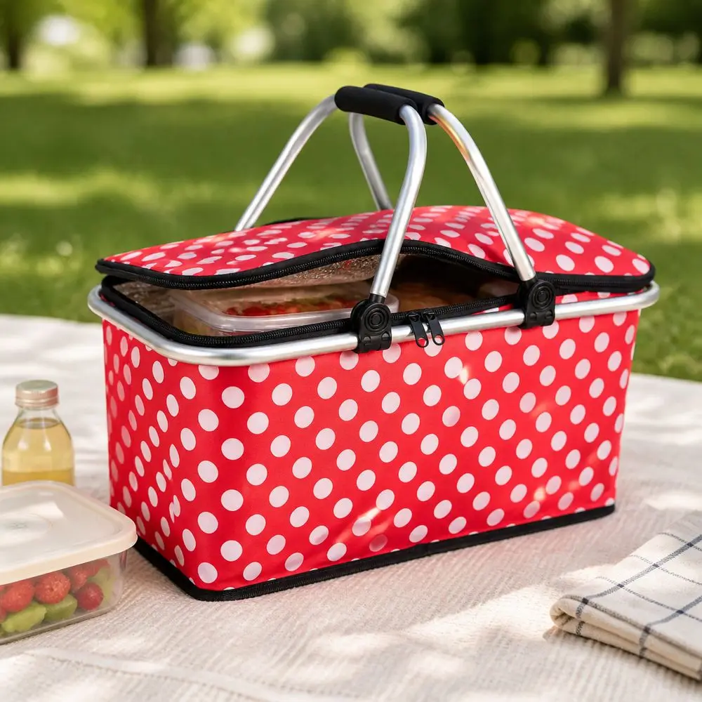 Satin Fabric Insulated Picnic Basket Polka Dot Pattern Zipper Closure Insulated Lunch Bag Portable Handles Insulated Lining