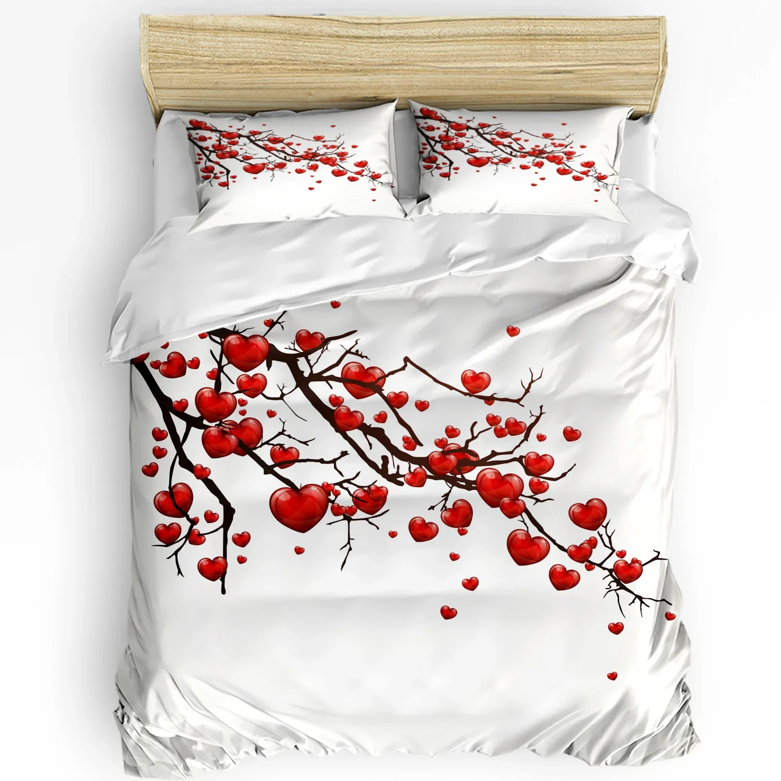 

Red Heart Shaped Flowers Branches Art 3pcs Bedding Set For Bedroom Double Bed Home Textile Duvet Cover Quilt Cover Pillowcase