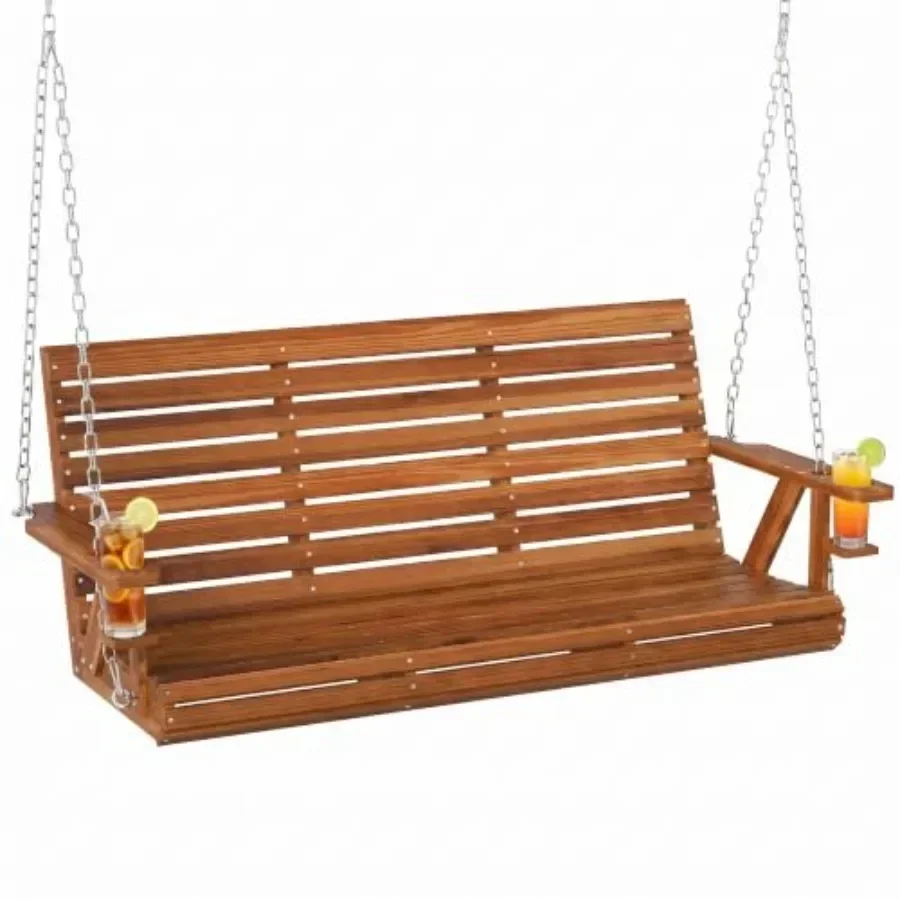Upgraded wooden porch swing for outdoor use, natural wood finish, weather-resistant construction with 3-seater capacity and bui